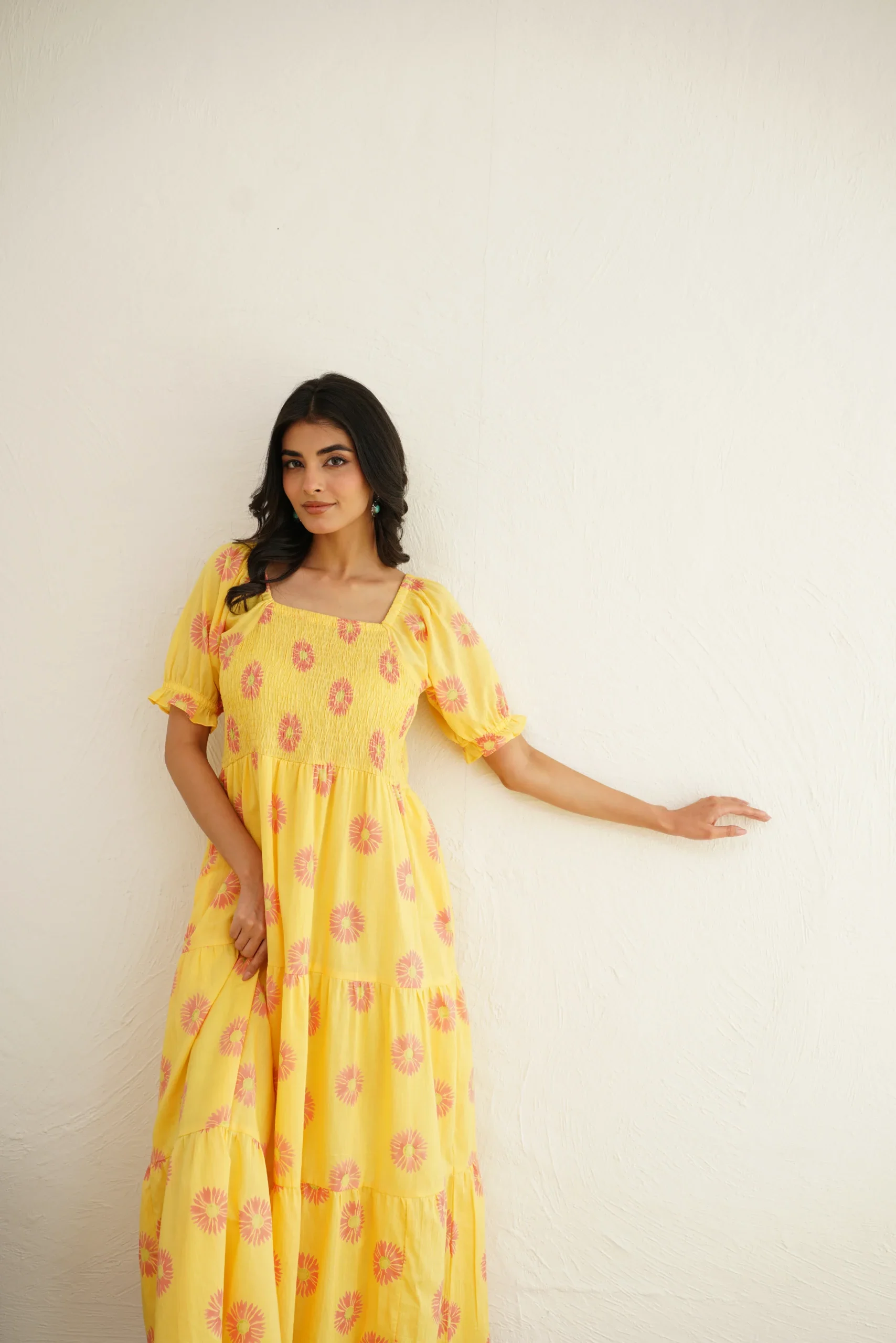 JBL00581 Blooming Sunflower- Hand Block Printed Yellow Cotton Dress - Image 1