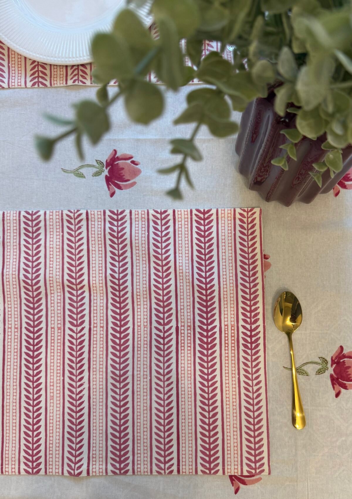 Autumn Rose- Hand Block Printed Pink Cotton Placemats (Set of 4,6) - Image 5