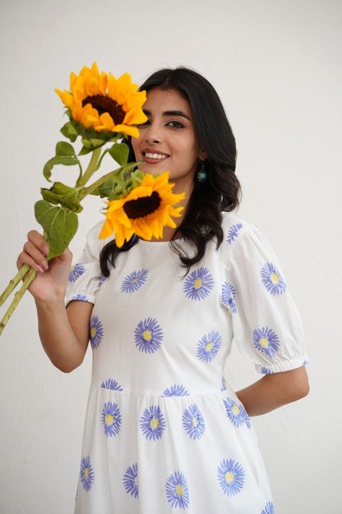Periwinkle Sunflower- Hand Block Printed Cotton Dress - Image 8