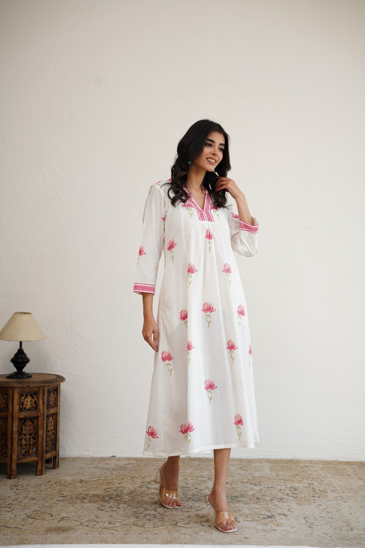 A Thousand Roses- Hand Block Printed Pink Cotton Dress - Image 4