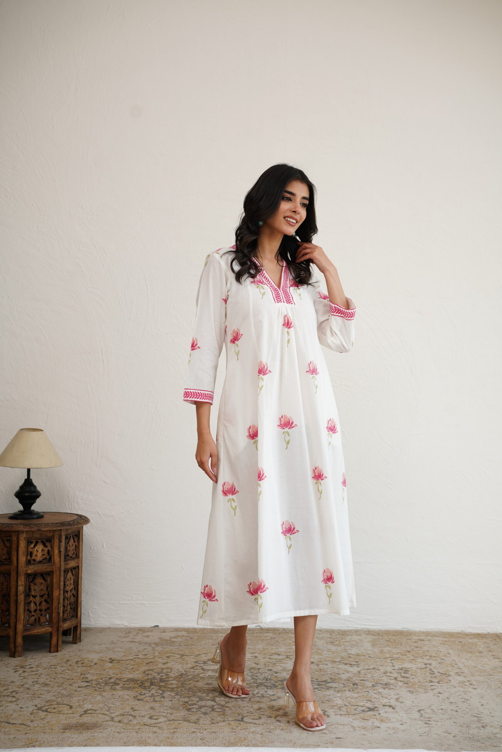 gdrive-1Azs34svlVKsfmpjc4NmEnLO0hKy3PdUd A Thousand Roses- Hand Block Printed Pink Cotton Dress - Image 1