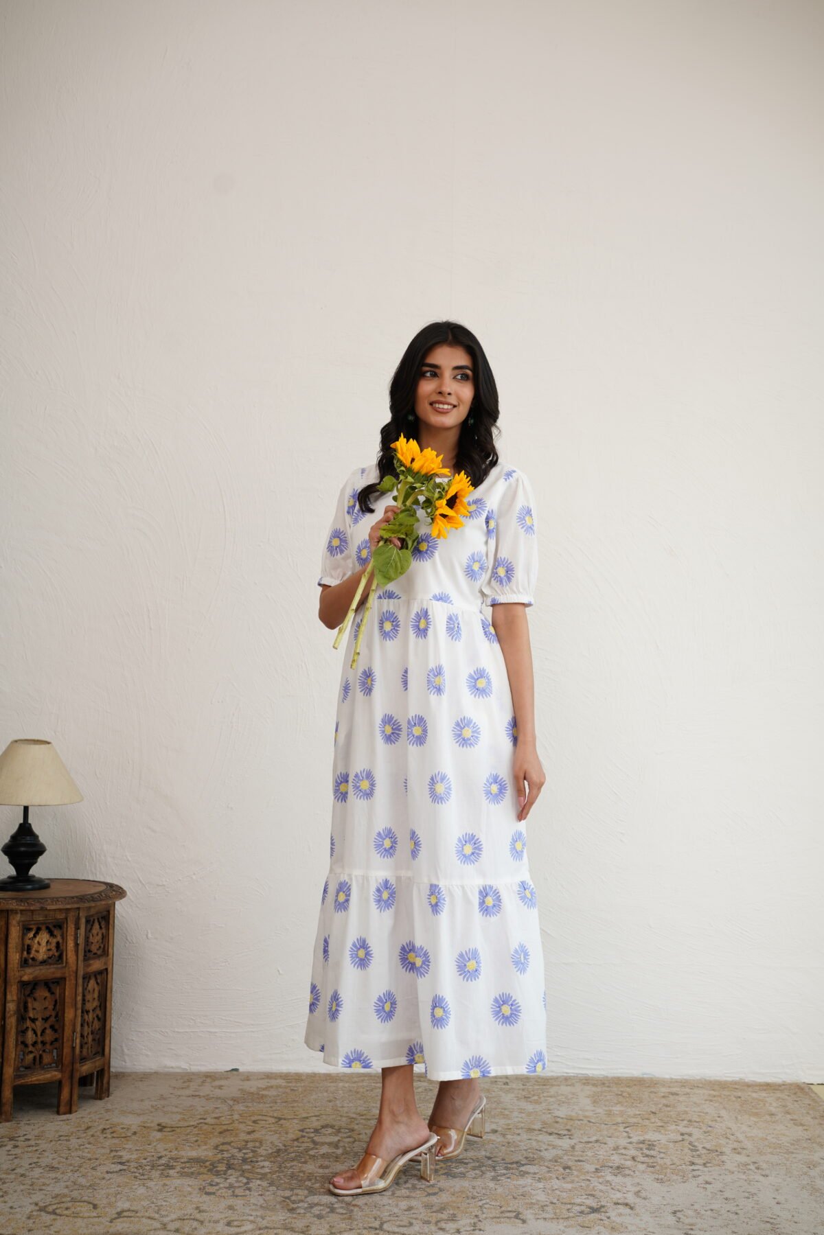 Periwinkle Sunflower- Hand Block Printed Cotton Dress - Image 2