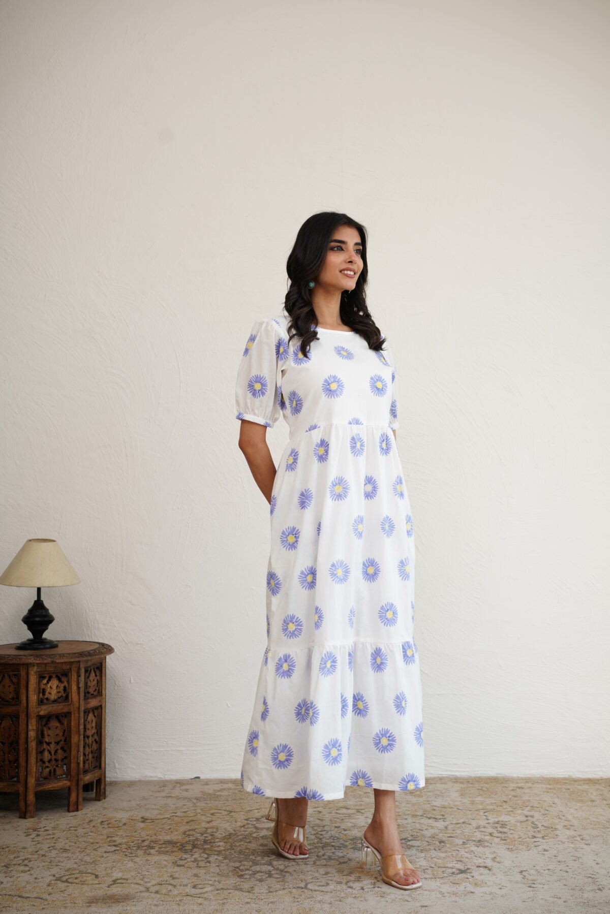 Periwinkle Sunflower- Hand Block Printed Cotton Dress - Image 5