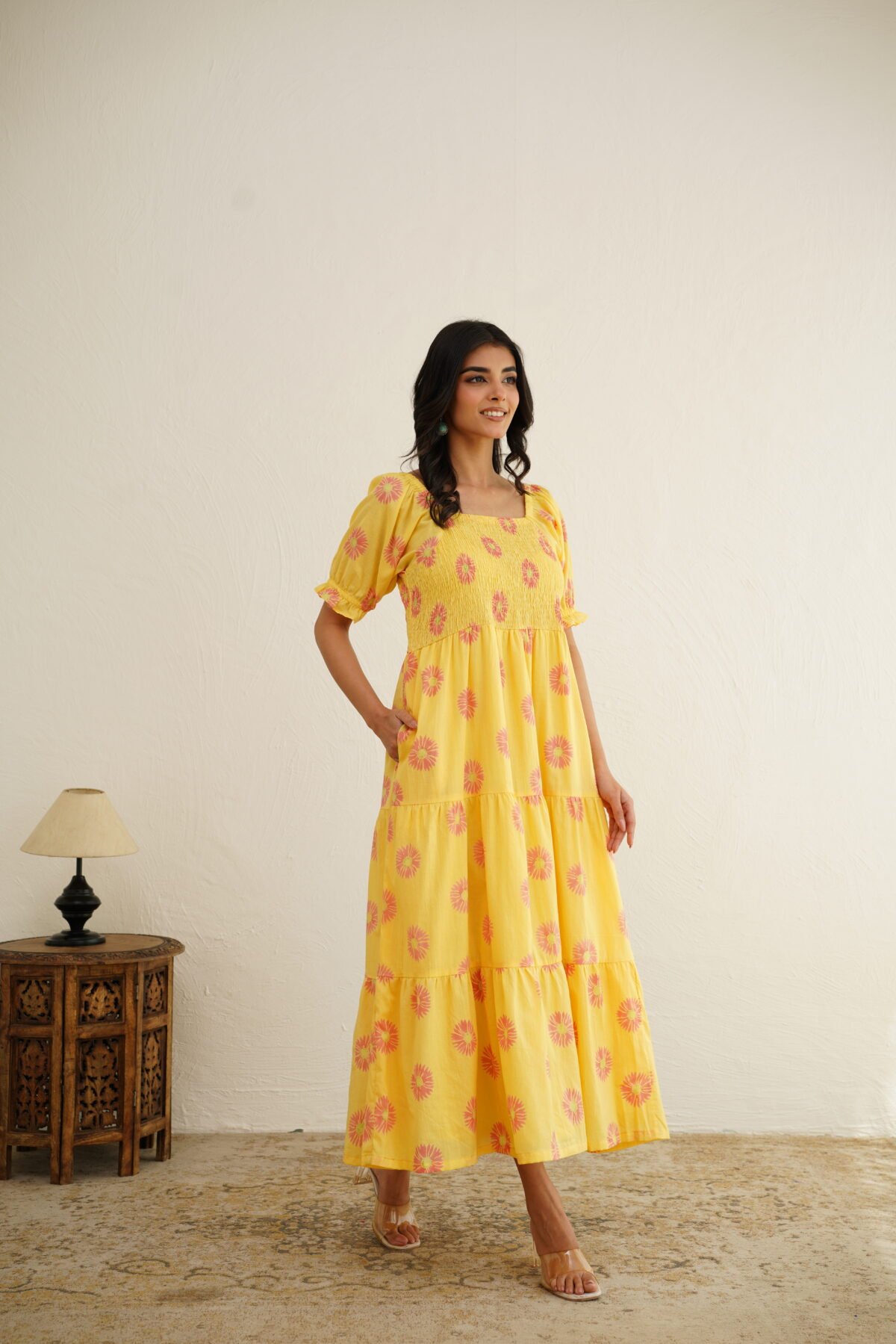 Blooming Sunflower- Hand Block Printed Yellow Cotton Dress - Image 5
