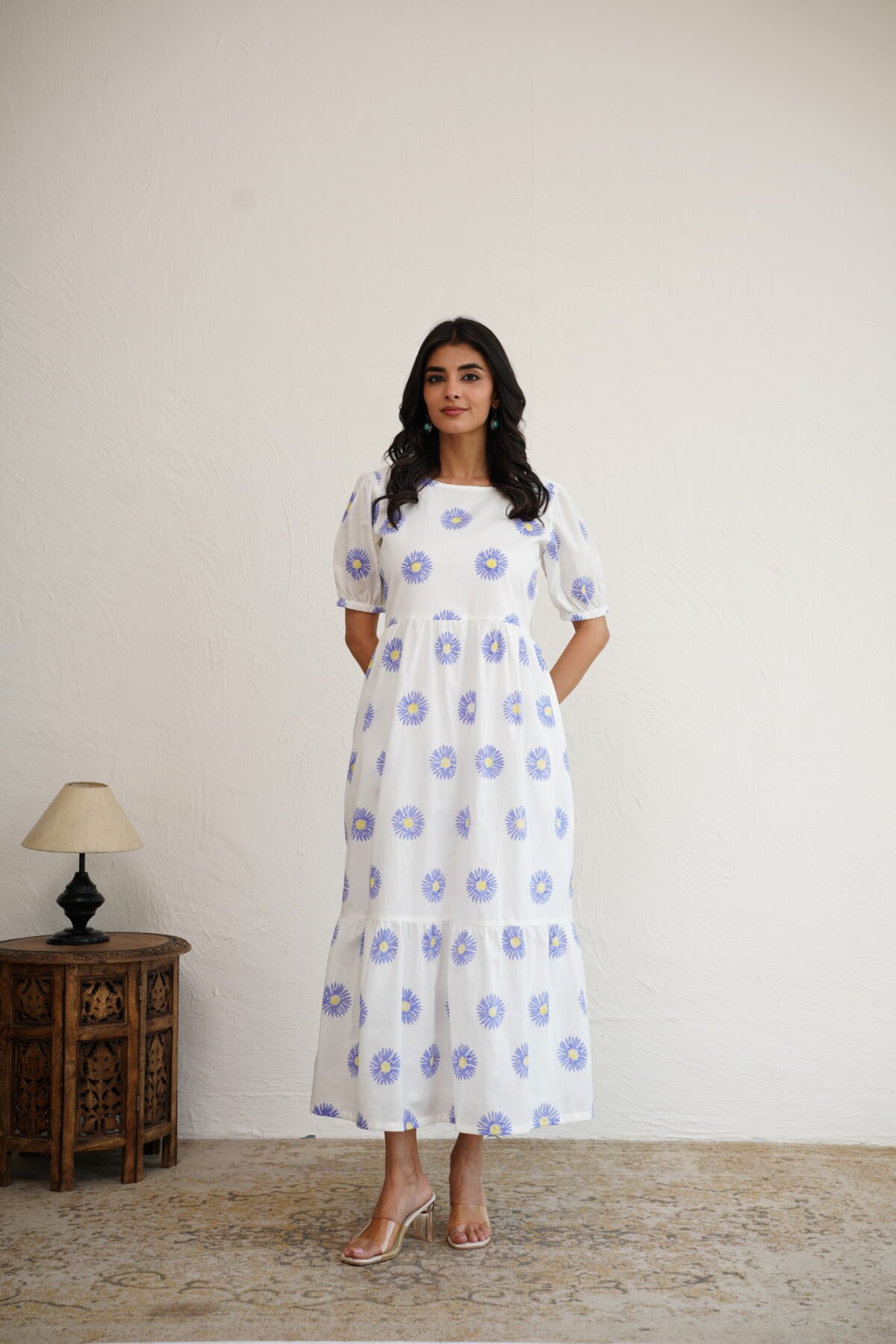 Periwinkle Sunflower- Hand Block Printed Cotton Dress - Image 4