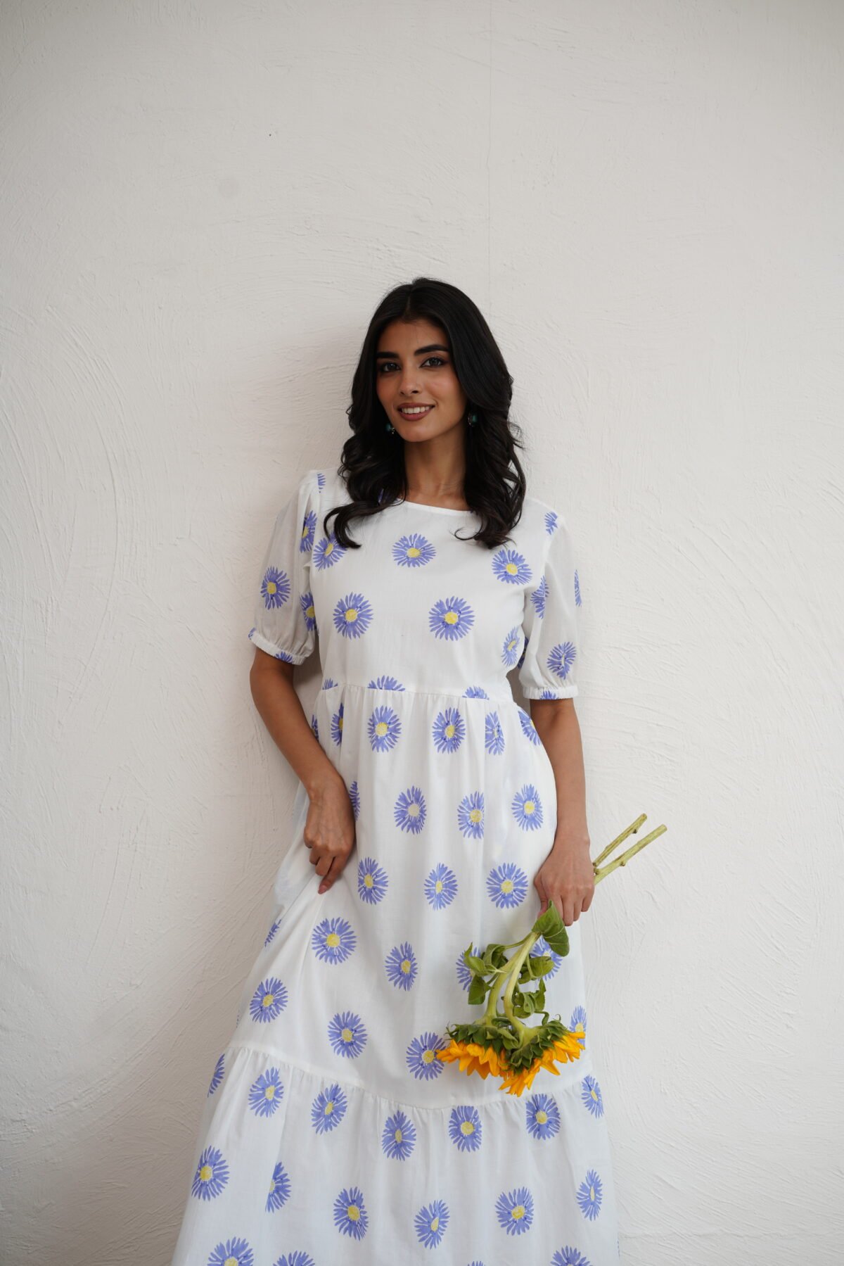 Periwinkle Sunflower- Hand Block Printed Cotton Dress - Image 6