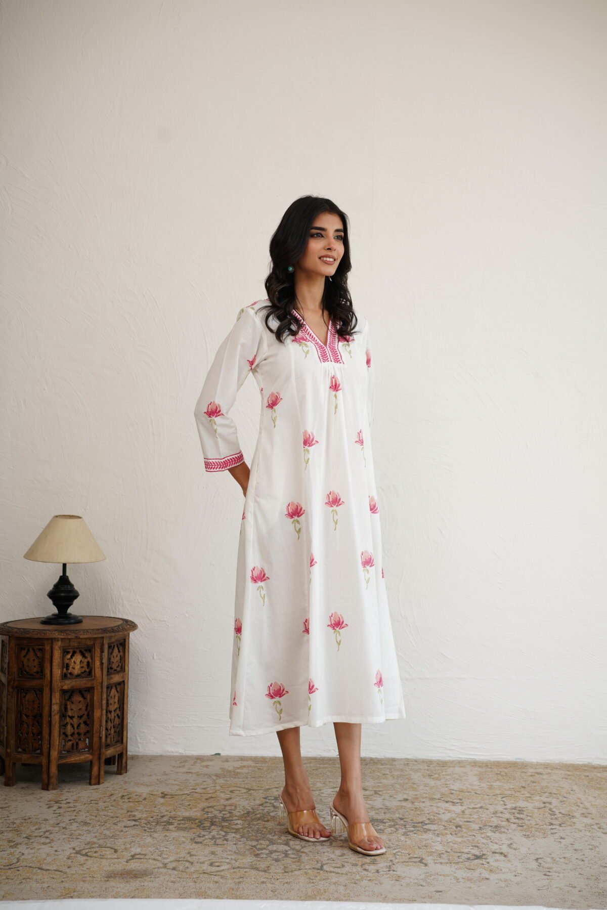 A Thousand Roses- Hand Block Printed Pink Cotton Dress - Image 3