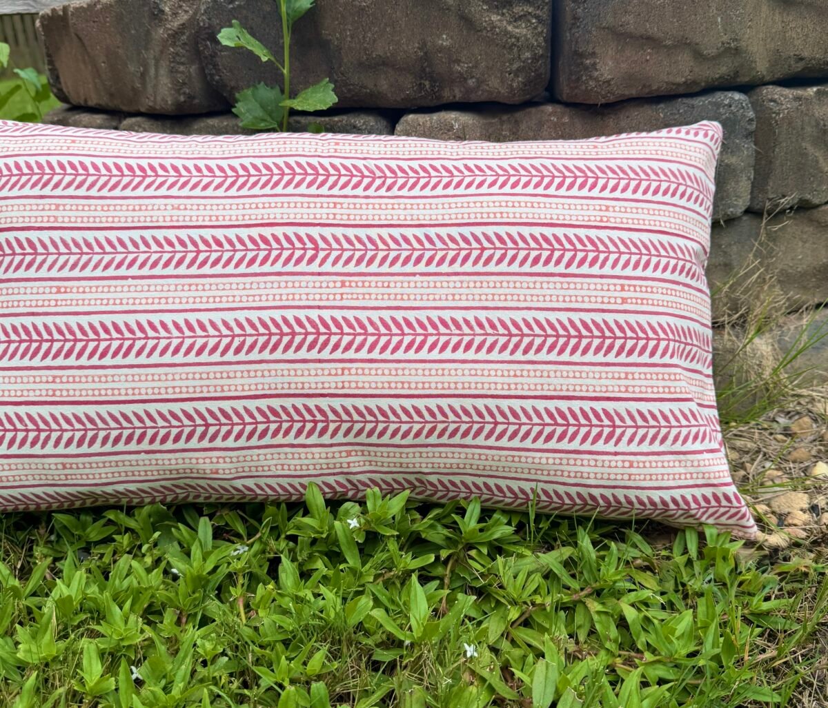 Autumn Rose- Hand Block Printed Pink Cotton Lumbar Pillowcase - Image 2