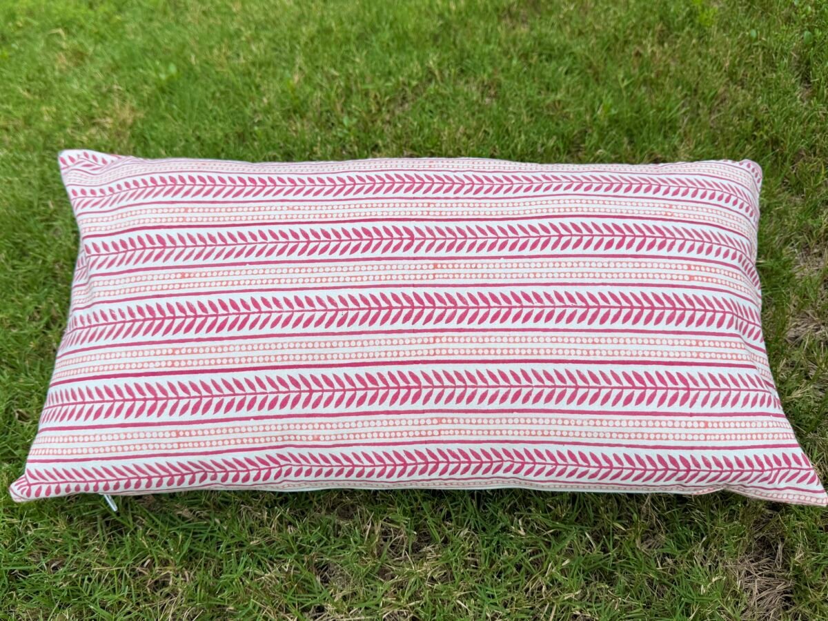 Autumn Rose- Hand Block Printed Pink Cotton Lumbar Pillowcase - Image 4