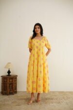 Blooming Sunflower- Hand Block Printed Yellow Cotton Dress - Image 4