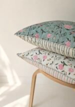 Reva- Hand Block Printed Peony Sage blue Cotton Pillowcase - Image 2