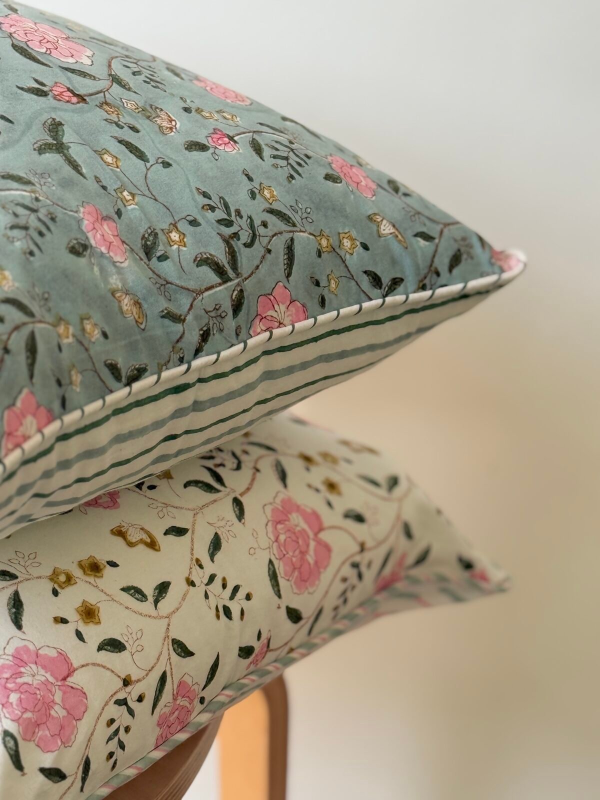 Reva- Hand Block Printed Peony Sage blue Cotton Pillowcase - Image 3