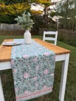 REVA- Hand Block Printed Sage Blue Peony Cotton Table Runner