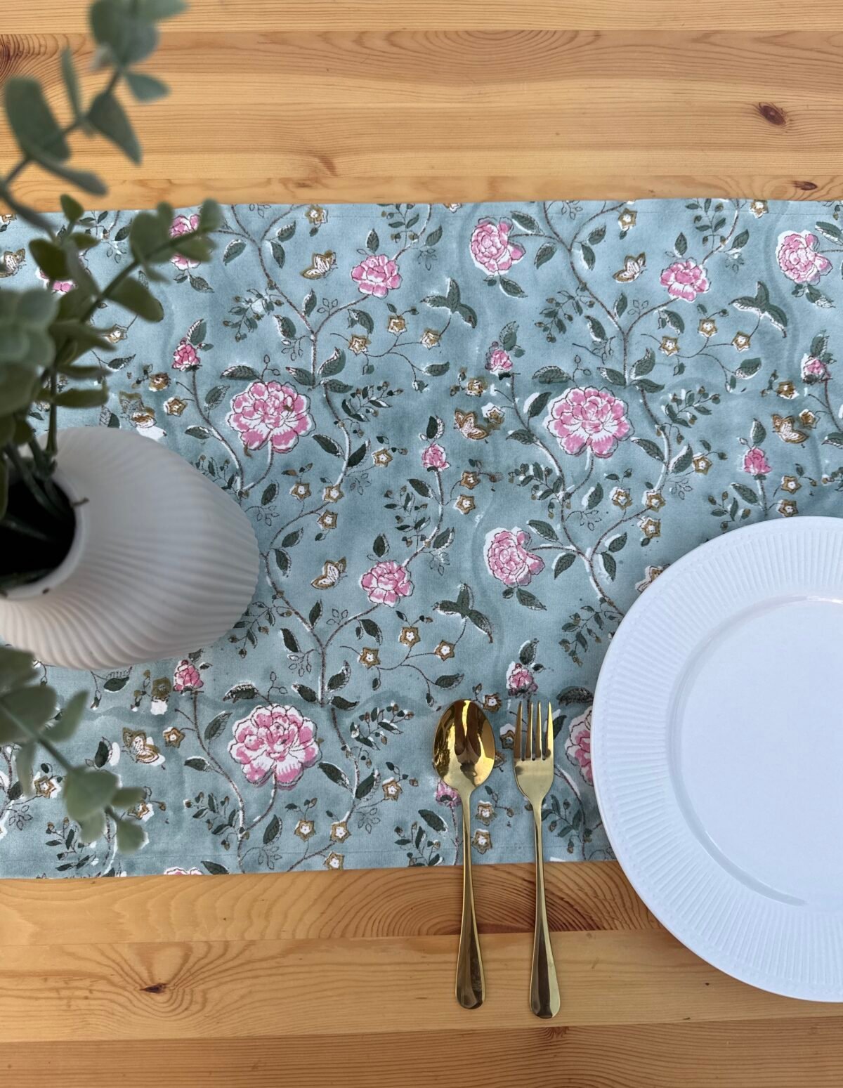 REVA- Hand Block Printed Sage Blue Peony Cotton Table Runner - Image 4
