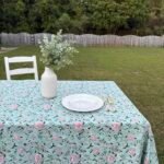 Reva- Hand Block Printed Sage blue Peony Cotton Tablecloth