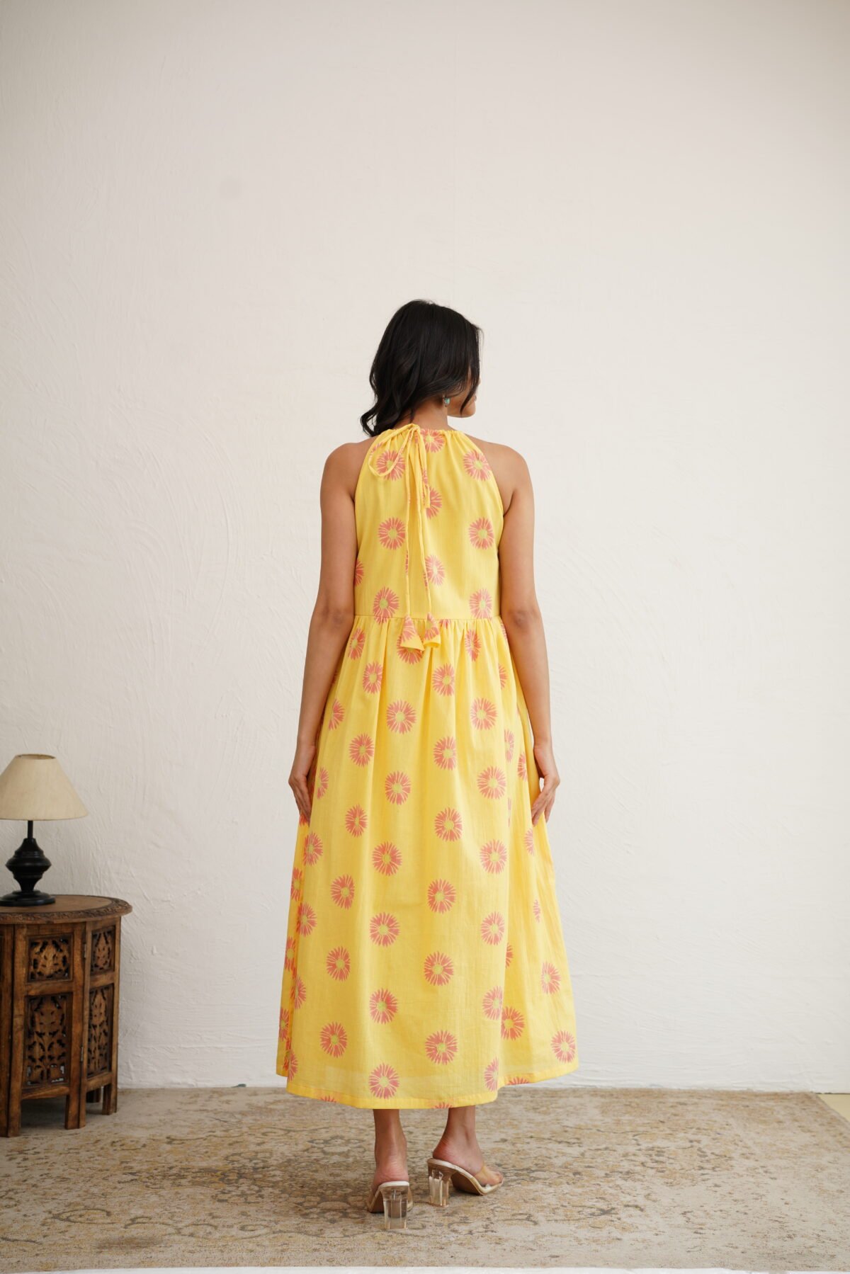 Golden Sunflower- Hand Block Printed Yellow Halter Dress - Image 10