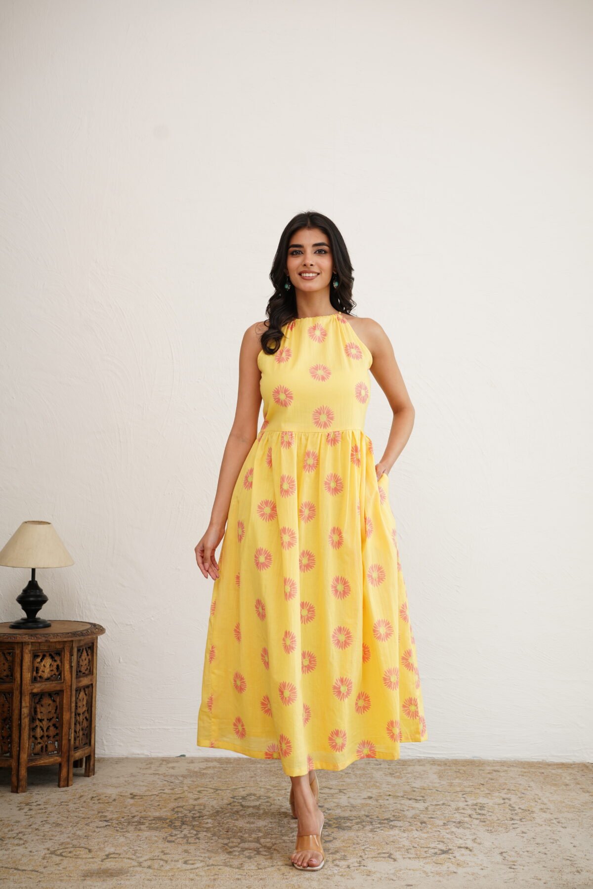 Golden Sunflower- Hand Block Printed Yellow Halter Dress - Image 2