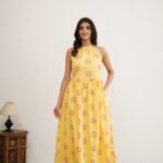 Golden Sunflower- Hand Block Printed Yellow Halter Dress