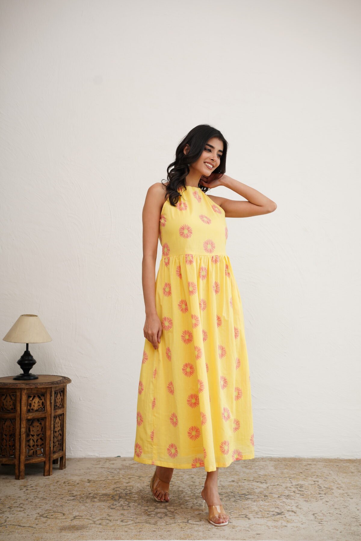 Golden Sunflower- Hand Block Printed Yellow Halter Dress - Image 3