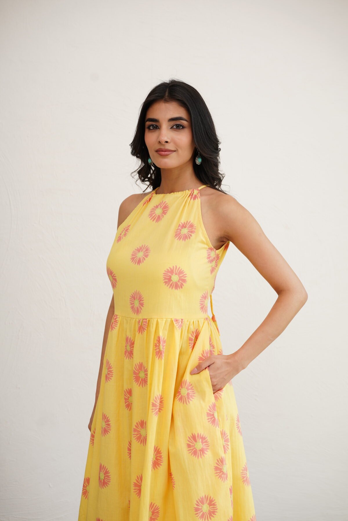 Golden Sunflower- Hand Block Printed Yellow Halter Dress - Image 5
