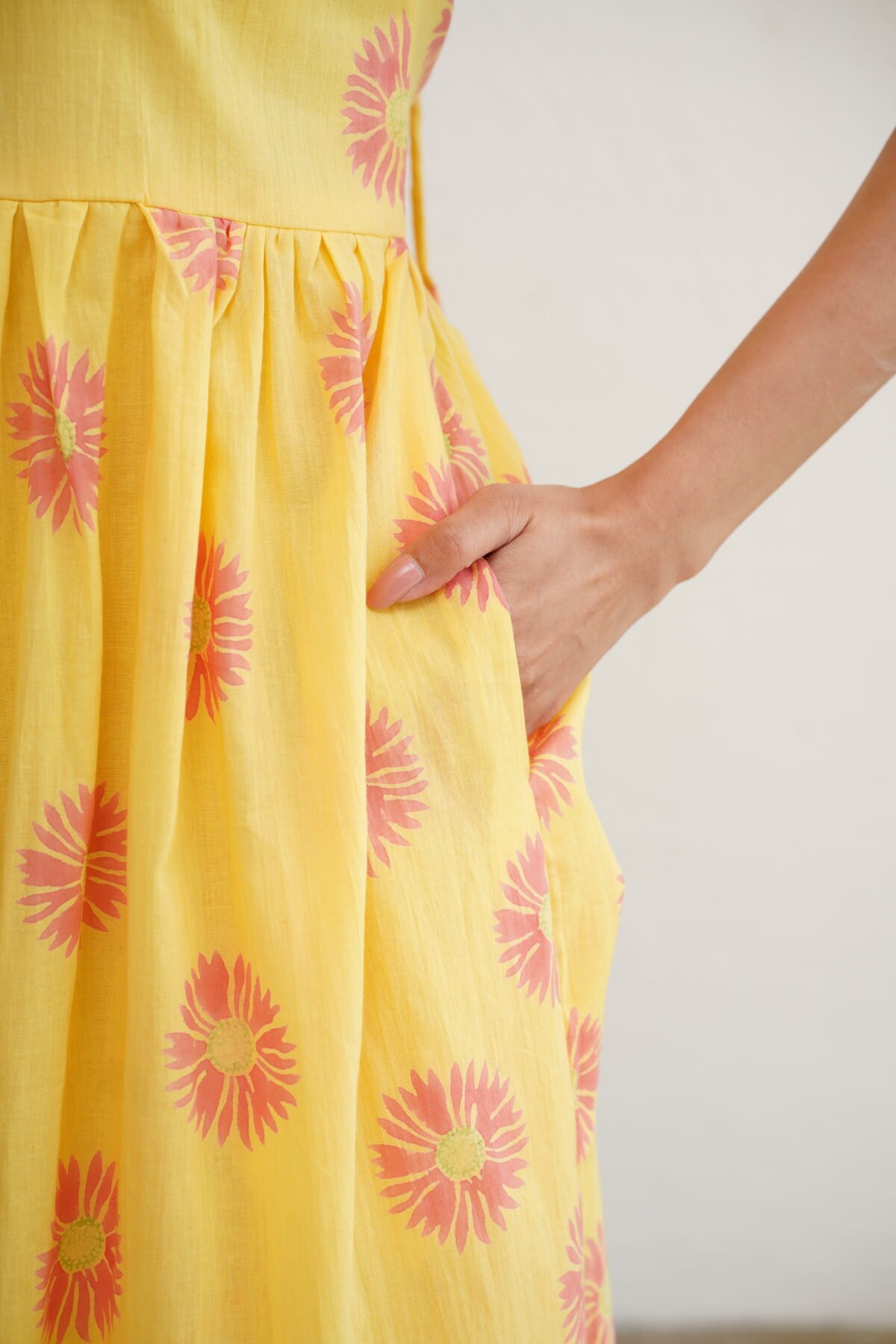 Golden Sunflower- Hand Block Printed Yellow Halter Dress - Image 7