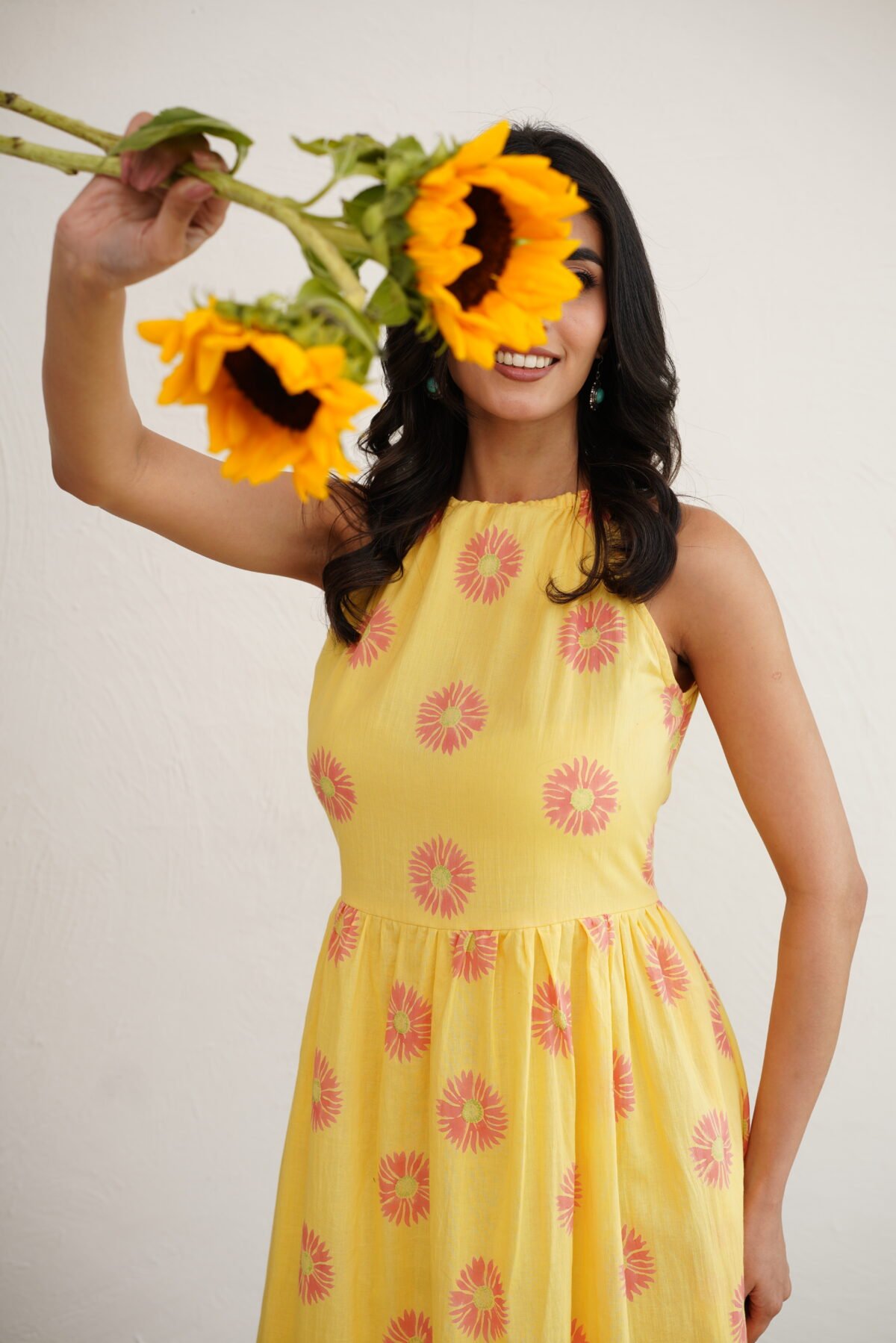 Golden Sunflower- Hand Block Printed Yellow Halter Dress - Image 8