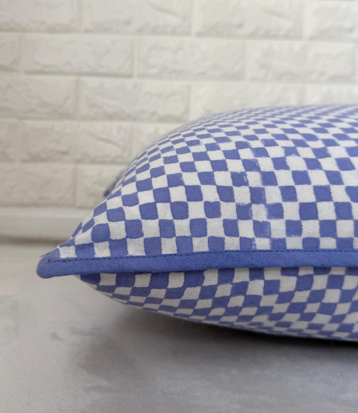 Kiran- Hand Block Printed Purple Checks Cotton Pillowcase - Image 2