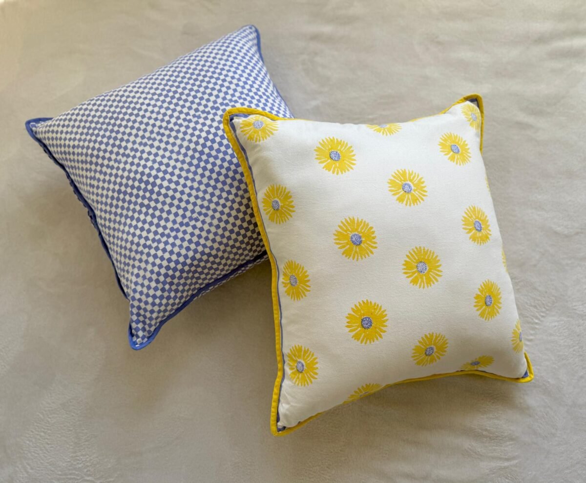 Kiran- Hand Block Printed Purple Checks Cotton Pillowcase - Image 5