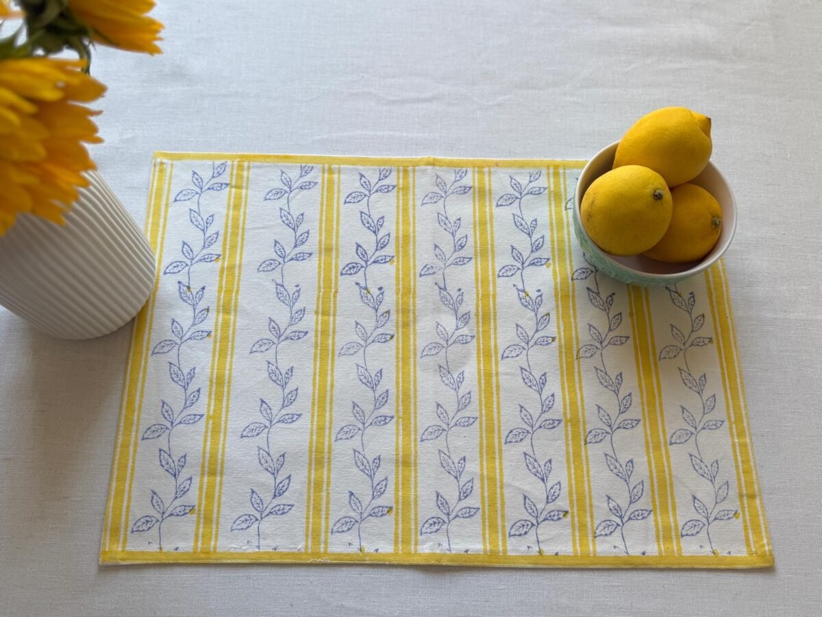 Kiran- Hand Block Printed Sunflower Yellow Cotton Placemats (Set of 4,6) - Image 2