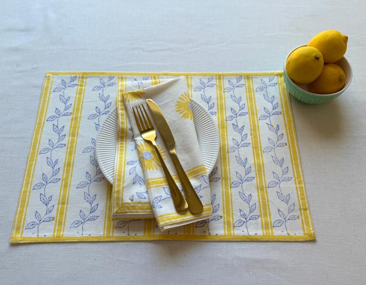 Kiran- Hand Block Printed Sunflower Yellow Cotton Placemats (Set of 4,6) - Image 4
