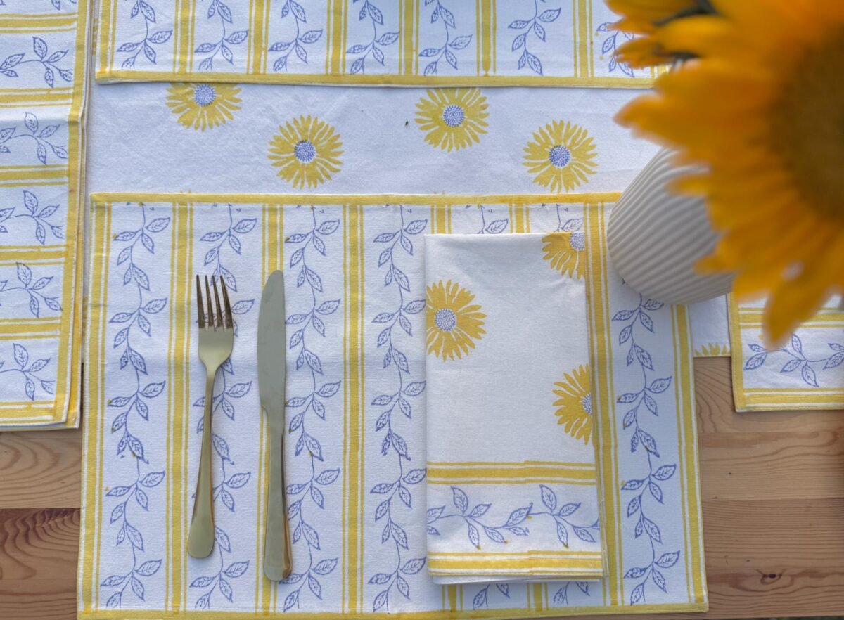 Kiran- Hand Block Printed Sunflower Yellow Cotton Placemats (Set of 4,6) - Image 6