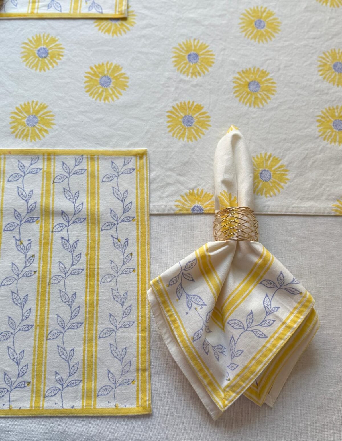Kiran- Hand Block Printed Sunflower Yellow Cotton Placemats (Set of 4,6) - Image 7