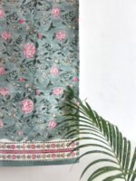 REVA- Hand Block Printed Sage Blue Peony Cotton Table Runner - Image 6