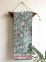 REVA- Hand Block Printed Sage Blue Peony Cotton Table Runner - Image 2