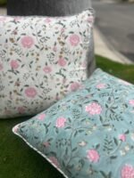 Reva- Hand Block Printed Peony Sage blue Cotton Pillowcase - Image 4