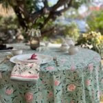 Reva- Hand Block Printed Sage blue Peony Cotton Tablecloth