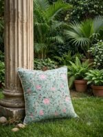 Reva- Hand Block Printed Peony Sage blue Cotton Pillowcase