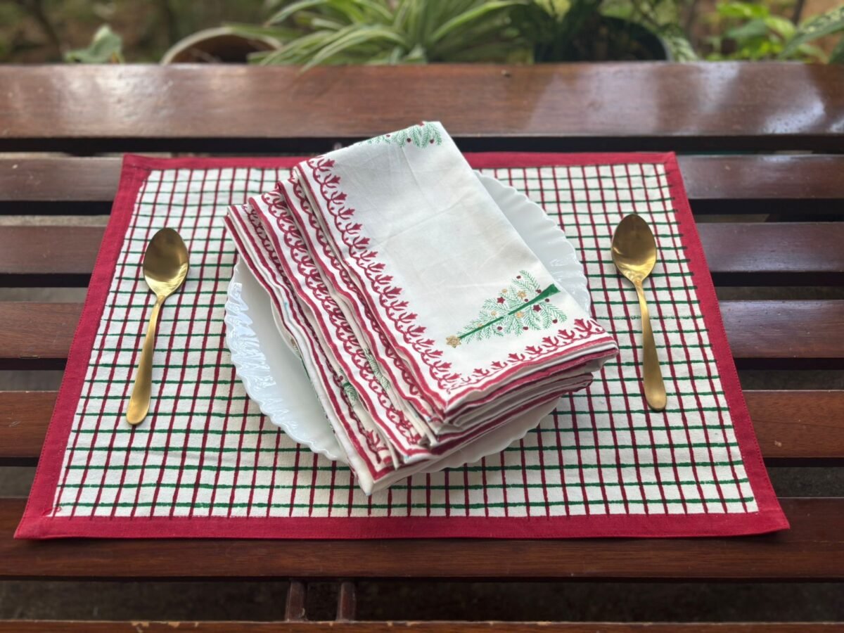 Jingle- Hand block Printed Christmas Tree Napkins (Set of 4, 6) - Image 5